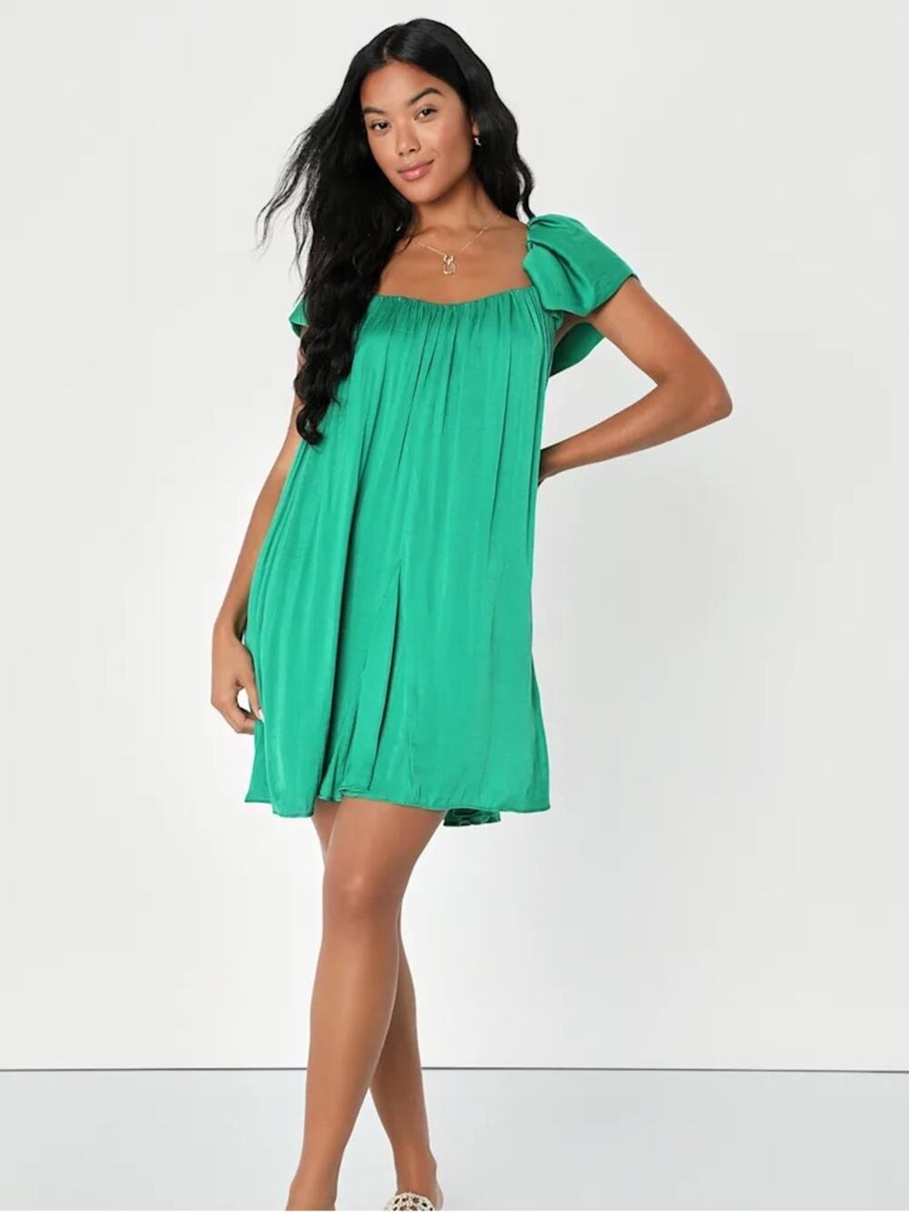 Lulus Green Satin Flutter Sleeve Babydoll Flowy Mini Dress Size XS
